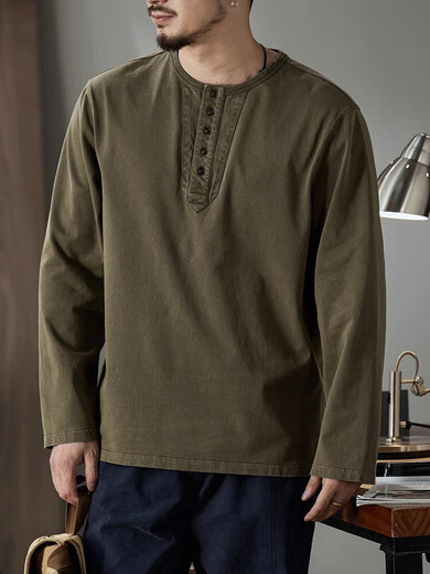 Yibaike American Henley Collar Long Sleeve T-shirt for Men Loose 2025 Autumn Undershirt Men's Retro Casual Top Men Mocha Brown S (80-100Jin Jin is equal to 0.5kg)