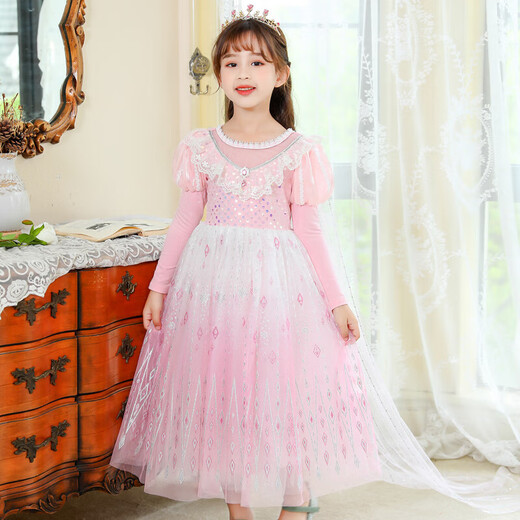 Girls long-sleeved dress spring and autumn Korean style ice and snow dress new Princess Elsa children's performance costume party forest style long-sleeved dress with bow veil 110