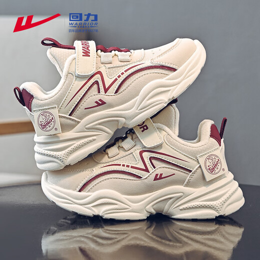 Warrior Girls' Velcro Sports Cotton Shoes Autumn and Winter Children's Casual Velvet Dad Shoes WZ-C122L Rice/Burgundy 36