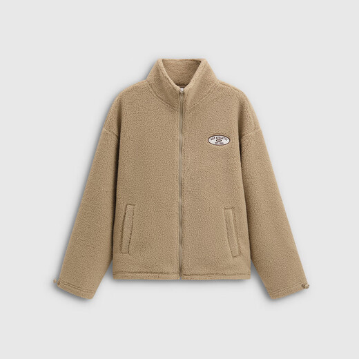 GAP women's 2025 new autumn style appliqué embroidered logo imitation sherpa loose zipper stand collar jacket 843660 Khaki S (160/84A) Asian size
