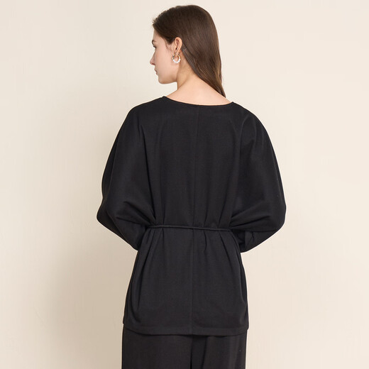 EITIE Elegant Loose Bat Sleeve Black V-neck Tie Top 2025 Autumn and Winter New Long Sleeve Shirt D2513907V Minimalist Black 20 XL (170)