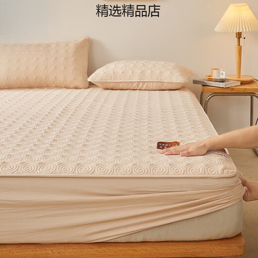 DeRUCCI's new Xinjiang cotton quilted thickened sheet single piece anti-slip Simmons mattress protector Khaki Meteor 180X200 (26-36CM extra height)