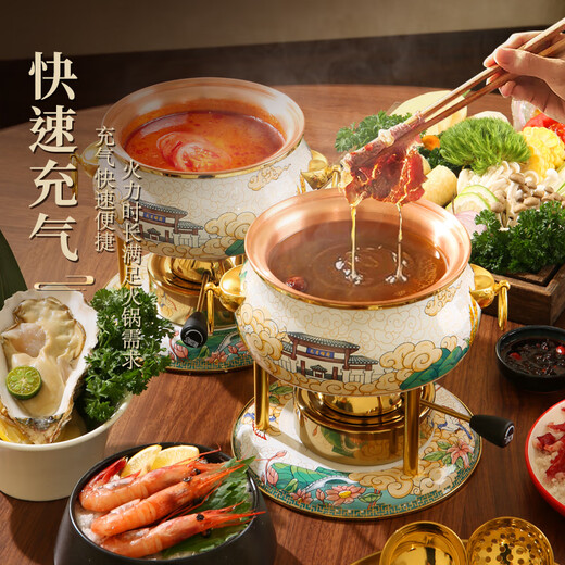 Diston small hot pot pot, one person, one pot, single hot pot, cloisonné copper hot pot special pot, enamel pot, gas inflatable stove, white lotus enamel single copper pot set, 17cm EU certified Taiwan imported stove core