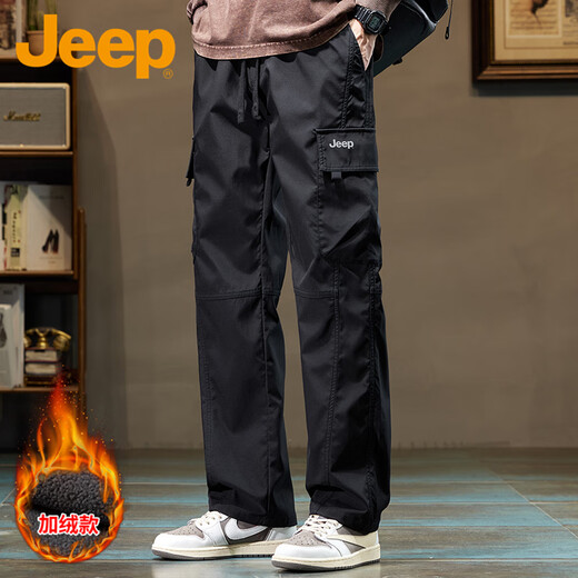 JEEP Jeep pants men's winter warm fleece pants straight overalls men's loose multi-pocket casual pants black XL