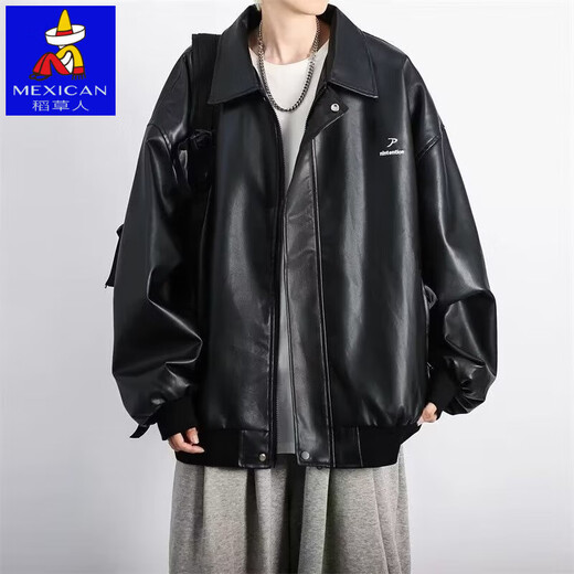 High quality black pu leather jacket men's autumn and winter velvet American style motorcycle jacket black velvet 2XL