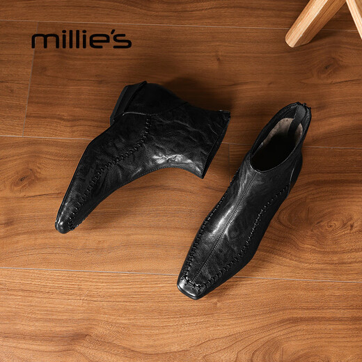 Millies Genuine Leather Sheepskin Ankle Boots Women's Chelsea Slim Boots Plus Velvet Short Boots Women's Square Toe Thick Heel Women's Boots Black 37