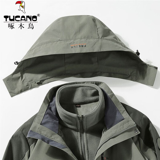 Woodpecker (TUCANO) three-in-one jacket men's winter 2025 new velvet thickened outdoor three-proof warm mountaineering clothing military green (three-in-one removable liner) 3XL (recommended 160-190 Jin Jin equals 0.5 kg)