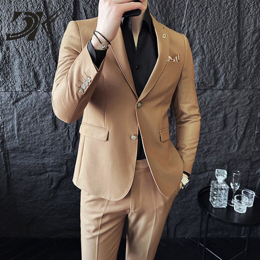 DK brand men's suit suit men's high-end autumn suit Korean version slim formal casual suit three-piece set khaki suit + trousers S