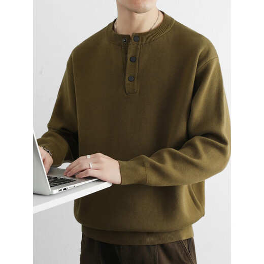 Awesome pure cotton Henry collar half-cardigan sweater for men autumn and winter new men's pullover sweater light mustard green 2XL weight range 150-170Jin Jin is equal to 0.5 kg
