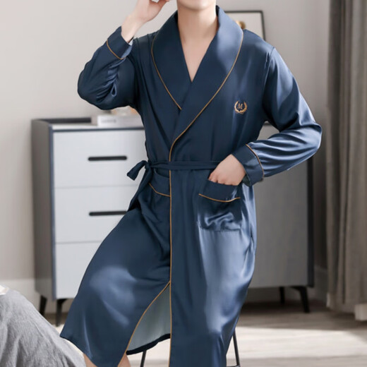 
Yalu Fashion Men's Long Sleeve Nightwear Autumn Thin Long Sleeve Imitation Silk Pajamas Men's Autumn Fashion Home Clothes Bathrobe Morning Robe 5304 L