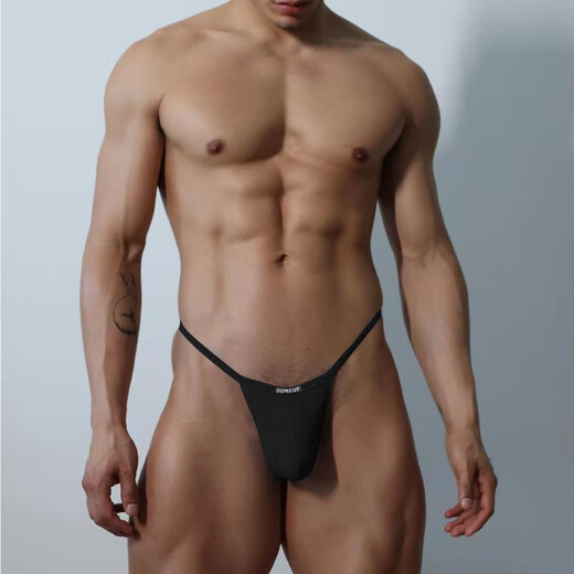Men's thong ultra-thin solid color summer sexy breathable seamless thin section tight large elastic one-line belt pure lust style black M