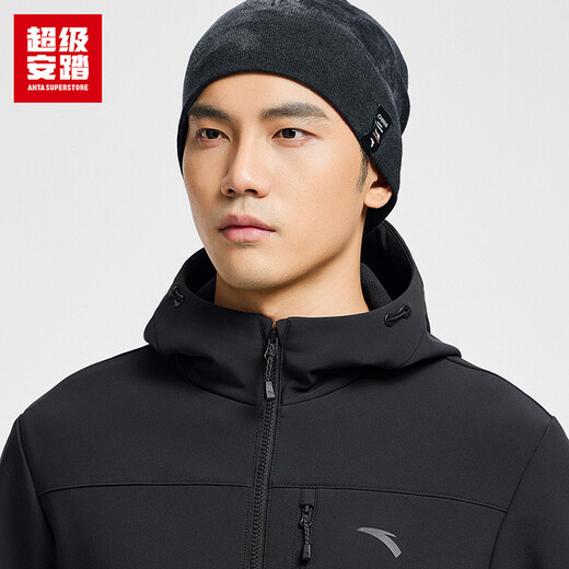Super ANTA Cloud Shell丨Fleece Sports Jacket Men's Autumn and Winter Water-Repellent Hiking Commuting Jacket 152546607U Zipper Pocket Basic Black-6 L/Male 175