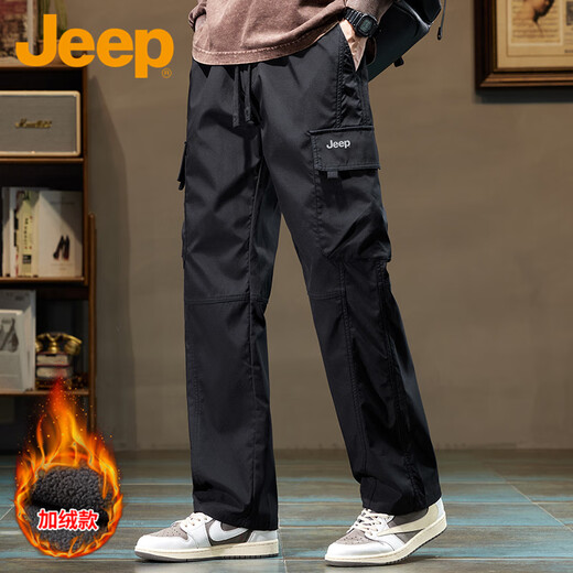 JEEP Jeep pants men's winter warm fleece pants straight overalls men's loose multi-pocket casual pants black XL