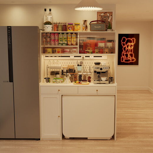 Tinymiya small apartment solid wood sideboard dining table integrated wall-mounted refrigerator cabinet with folding dining table kitchen narrow side high cabinet tea cabinet 0.87M sideboard all solid wood + large capacity mass storage