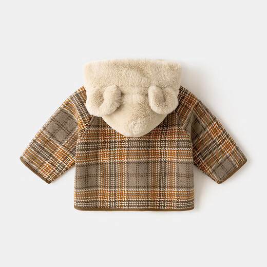 Dudu baby hooded coat autumn and winter velvet thickened children's plaid coat winter style boys and girls winter clothing trendy brown 100