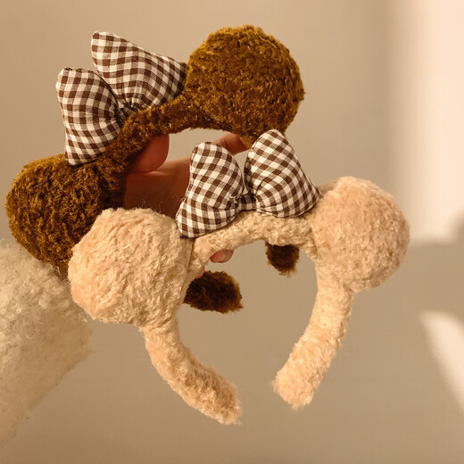 Miao Yijia Sweet Bow Cute Bear Ears Plush Headband Women's Winter Face Wash Makeup Hairband Brown Hairband Trendy Bow Bear Hairband Khaki