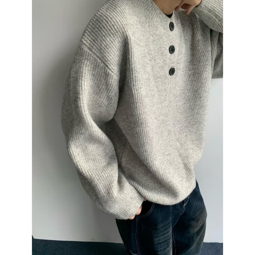 Gray sweater large size henley collar sweater men's lazy style inner base sweater jacket gray thick L