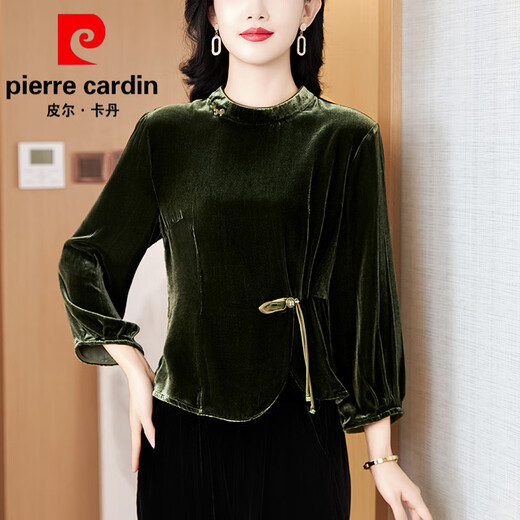 Pierre Cardin high-end brand Chinese style gold velvet top women's long-sleeved autumn and winter new Chinese style mulberry silk shirt mother's silk Pierre Cardin green 3XL (recommended 125-135Jin Jin equals 0.5kg)
