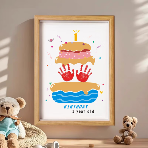 Wing Ying's baby's one-year-old hand and foot print painting, cute cake, birthday arrangement, commemorative gift, creative foot print and 100th day gift, one-year-old hand and foot print photo frame, a set