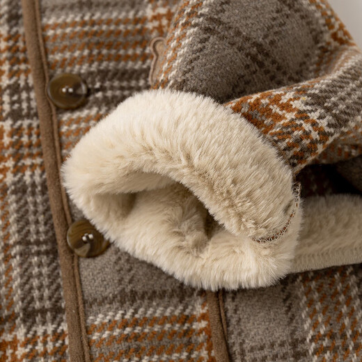 Dudu baby hooded coat autumn and winter velvet thickened children's plaid coat winter style boys and girls winter clothing trendy brown 100