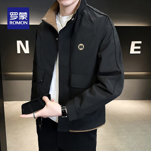 ROMON high-end jacket men's 2025 autumn and winter cotton sports casual stand-up collar loose trendy brand windbreaker work top men JK6051 black jacket XL size 125-140Jin Jin equals 0.5 kg