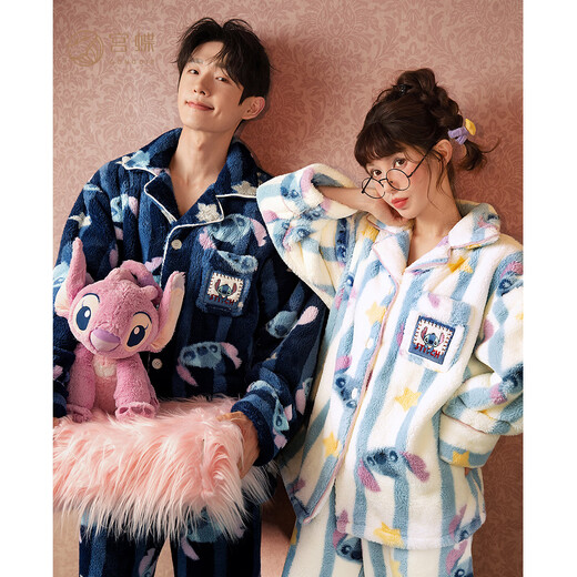 Gongdie Thermal Storage Disney Stitch Coral Velvet Couple Pajamas Women's Thickened Men's Cartoon Home Clothes