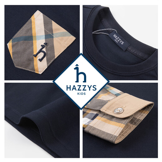 HAZZYS children's clothing boys' crew neck shirt autumn new pique stitching long-sleeved T-shirt navy 165