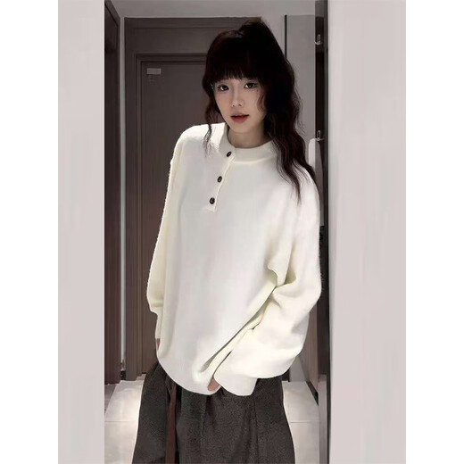 XUANSENTU American retro Henry collar sweater for men in autumn and winter, lazy and relaxed sweater style inner layering shirt, trendy off-white L