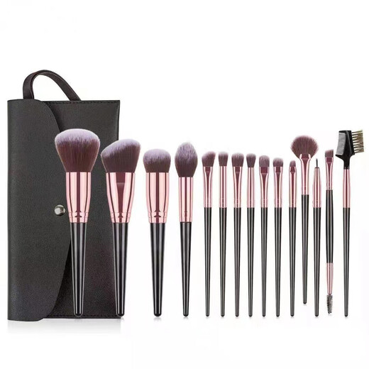 Portable makeup brush set 15 pcs for beginners eye shadow brush foundation brush beauty tools complete set of blush brush set 15 pcs black rose gold + brush bag 15 pcs black