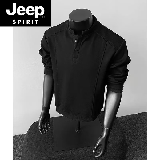 JEEP SPIRIT gray henley collar long-sleeved polo shirt men's American deconstructed splicing right shoulder t-shirt boxy version inner sweatshirt light gray short sleeves M