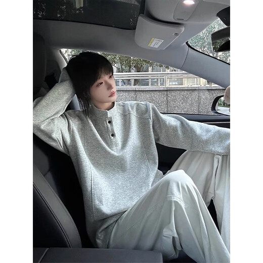 Yiqun deconstructed and spliced Henry collar sweatshirt for men in autumn American cleanfit trendy brand long-sleeved T-shirt retro bottoming shirt for men white gray XL recommended 120-140Jin Jin equals 0.5 kg