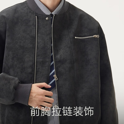 Gxg.jeans Men's PU Leather Fashion Casual Loose Baseball Collar Bomber Jacket 25th Autumn New Product Black Gray L (175)