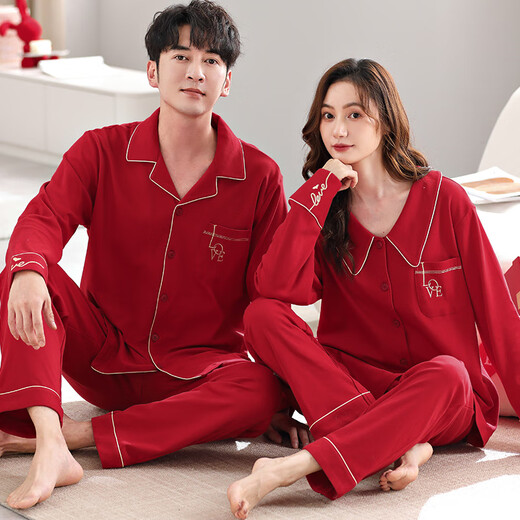 Cat Couple Pajamas Women's Pure Cotton Zodiac Year Red Festive Autumn and Winter Wedding Suits Men's Home Clothes Daily Good Dreams Pure Cotton Comfortable Happy Red 3XL Men's Recommended 180-200 Jin Jin equals 0.5 kg