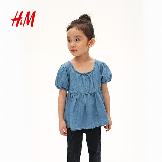 H&M Children's Clothing Children's Girls' Shirt Spring Square Neck Cute Puff Sleeve Top 1301581 Denim Blue 150 150/76 (10-12Y)