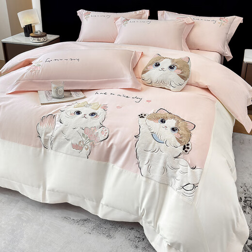Mercury Series Class A Long Staple Cotton Four-piece Set 2025 New Cotton Cartoon Cat Embroidered Quilt Cover Pure Cotton Sheet Cute Bedding 4 Hot-Selling Type A Maternal and Infant Grade Long Staple Cotton Sweet Diary-Iceberry Pink 1.8m Sheet Style Four-piece Set Quilt Cover 200*230