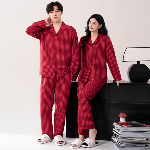 FENTENGCARE Couple Pajamas Women's Autumn and Winter New Red Festive Wedding Long Sleeve Cardigan Lapel Home Clothing for Men