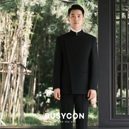 BUSYCON Xuanhei Elegant New Chinese Style Stand Collar Suit Groom Wedding Chinese Style Men's Toast Suit Black (Two-piece Set Top + Pants) 50 Please note your height and weight when placing an order