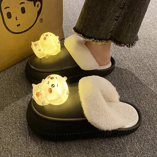 HONGSILINYI detachable cotton slippers for men and women with lights cartoon outer wear comfortable winter indoor warm non-slip outer wear couple white luminous 2589 luminous Jijiwa removable and washable 36 37