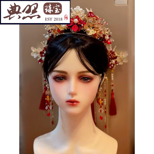Typical photo of Fengguan Xiapei headdress Xiuhe suit Chinese style bride 2025 new red bow glazed hair crown ancient style wedding C main crown + back area + hairpin + earrings gift box