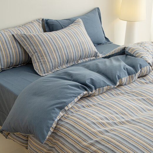 High-end home new thickened pure cotton brushed four-piece set 100% cotton spring, autumn and winter bed sheets, quilt covers and fitted sheets, Ellen-Blue, comfortable and skin-friendly bed sheets, 1.8 four-piece set-quilt cover 200x230