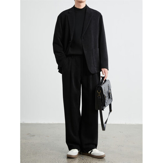 DK men's old money style woolen suit men's autumn and winter loose light mature handsome thick coat casual suit two-piece black suit + pants two-piece set 3XL 160-190Jin Jin equals 0.5 kg within