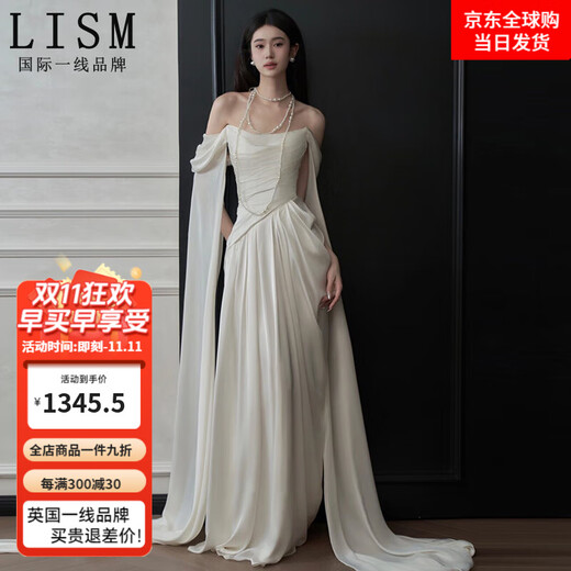 LISM international first-line brand one-shoulder satin light wedding dress bridal style super fairy welcome door veil temperament light luxury bride white S