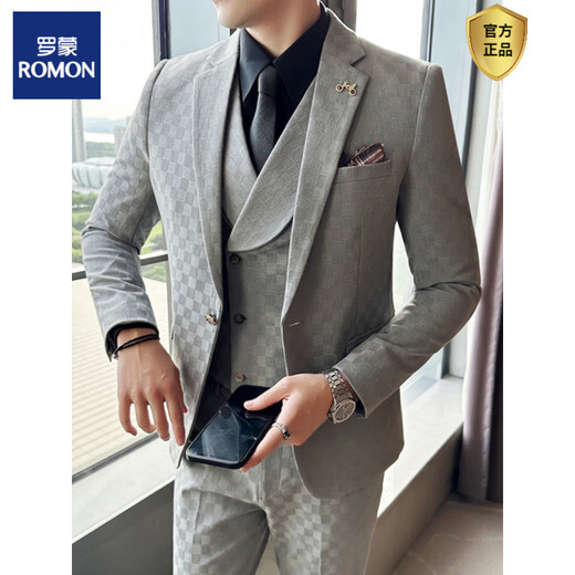 ROMON suit suit men's three-piece slim coat plaid small suit professional formal groom handsome wedding dress trendy dark gray suit + vest + trousers + white shirt + black tie M