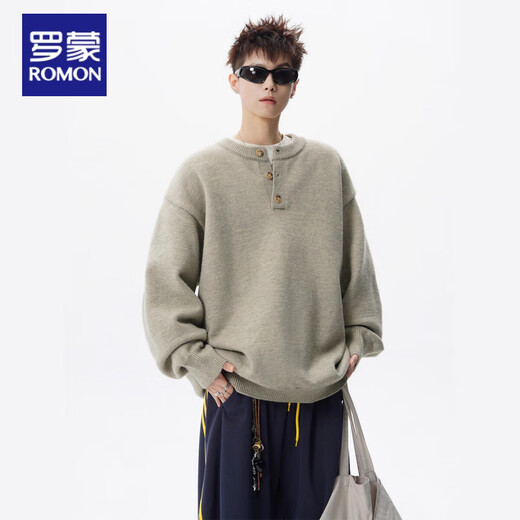 Romon Retro Henley Collar Buttoned Sweater Men's Autumn High Street Lazy Style Sweater Heavy Loose Couple Casual Top Yellow Gray 2XL