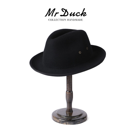 Mr DUCK Australian pure wool handmade top hat rolled edge foldable casual high-end jazz hat for men, warm and breathable in autumn and winter, royal black (top hat) M (suitable for 56-57cm head circumference)