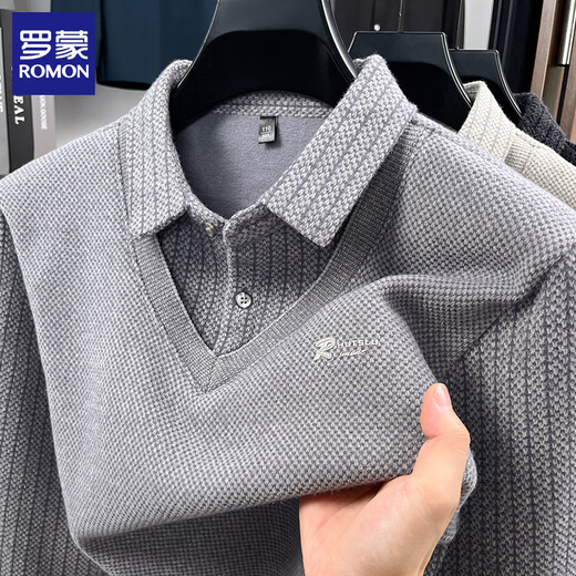 ROMON men's fake two-piece fleece sweater 2025 autumn and winter new warm imitation ferret velvet bottoming sweater men's top 222 camel XL (175) (recommended weight 125-140Jin Jin equals 0.5 kg)