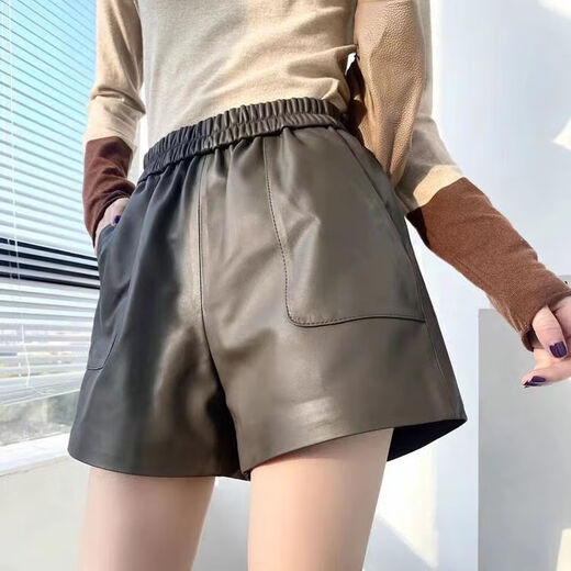 Haining Genuine Leather Shorts Women's 2025 Autumn New Casual Versatile Wide Leg Pants Sheepskin High Waist Slim Boot Pants Black XL