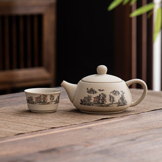 Kung Fu tea set, a complete set of creative and convenient tea making equipment, household ceramic teapot, teapot, one cup, rough ceramic Xishi teapot (landscape), 1 pot, 1 flat cup