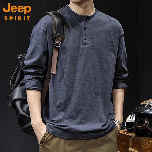 JEEP SPIRIT bamboo pure cotton autumn 2025 new long-sleeved T-shirt men's American retro heavyweight large size Henry collar with trendy dark gray XL