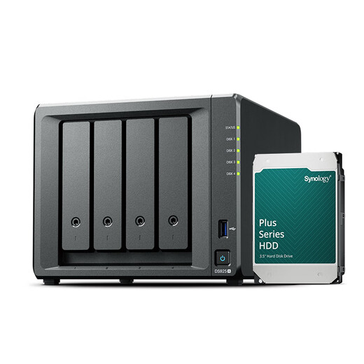 Synology DS925+ cuatro bahías, 4 núcleos, doble puerto de red 2.5G, servidor de almacenamiento en red NAS, servidor de archivos de oficina de nivel empresarial, gestión de permisos de copia de seguridad de datos DS925+4 GB de memoria en funcionamiento, paquete de 6 TB, 1 disco duro original de Synology 6T
